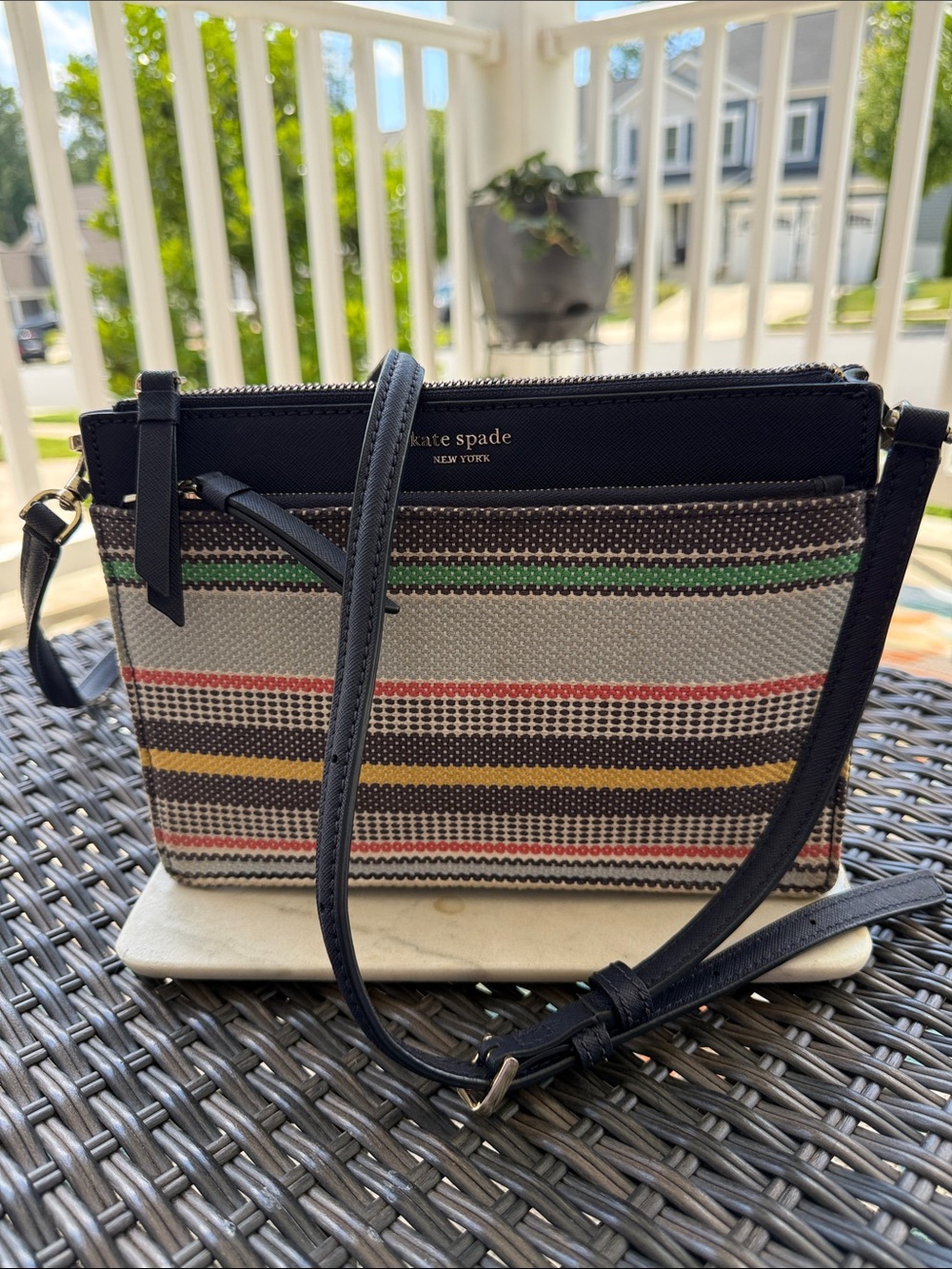 kate spade Black with Multicolor Stripe Woven Crossbody